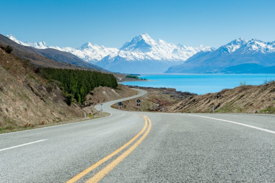 Driving in New Zealand past Aoraki/Mt Cook on the South Island on escorted tours for families